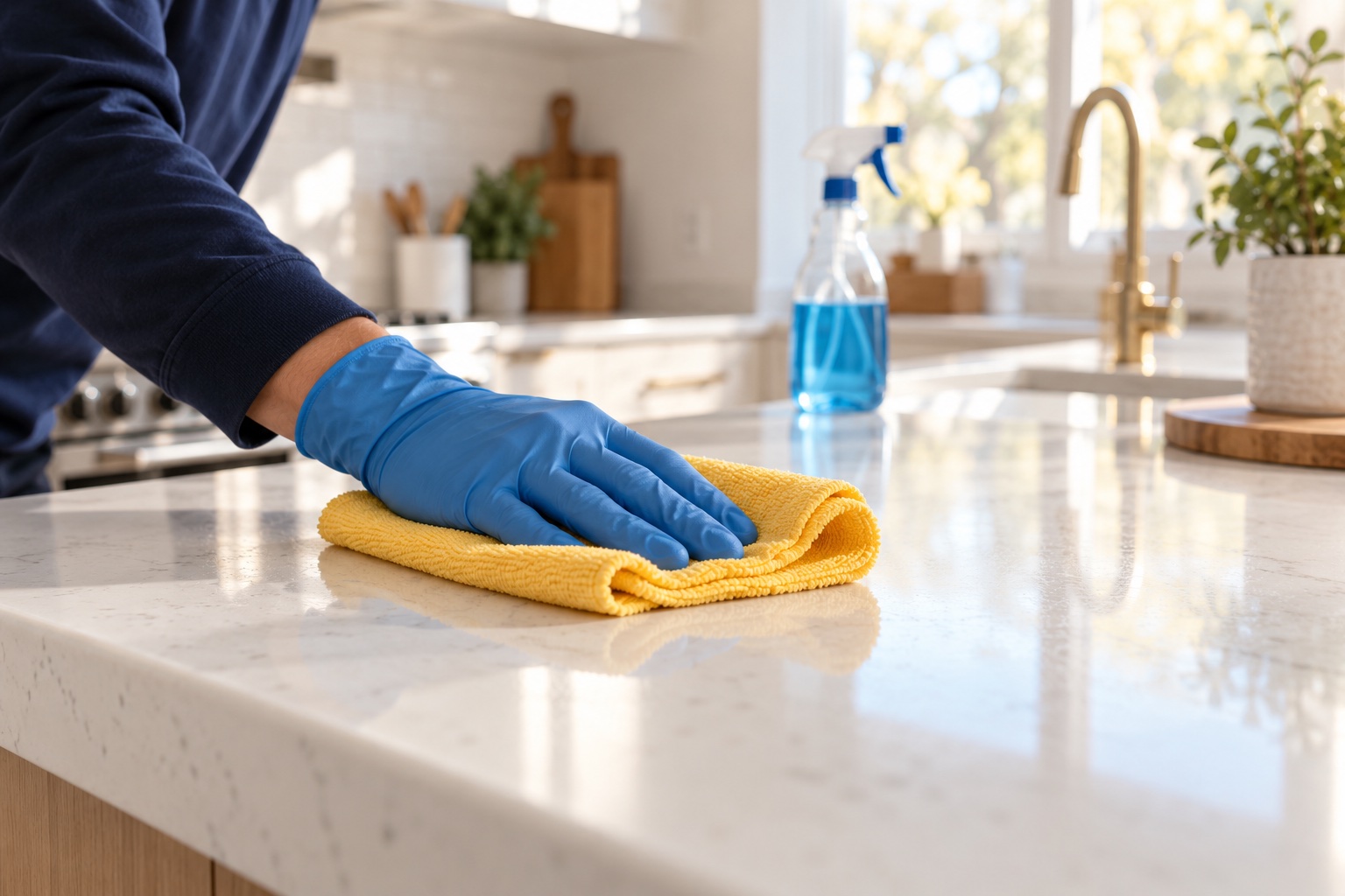A protective blue glove and gold microfiber cloth carefully cleaning a kitchen counter