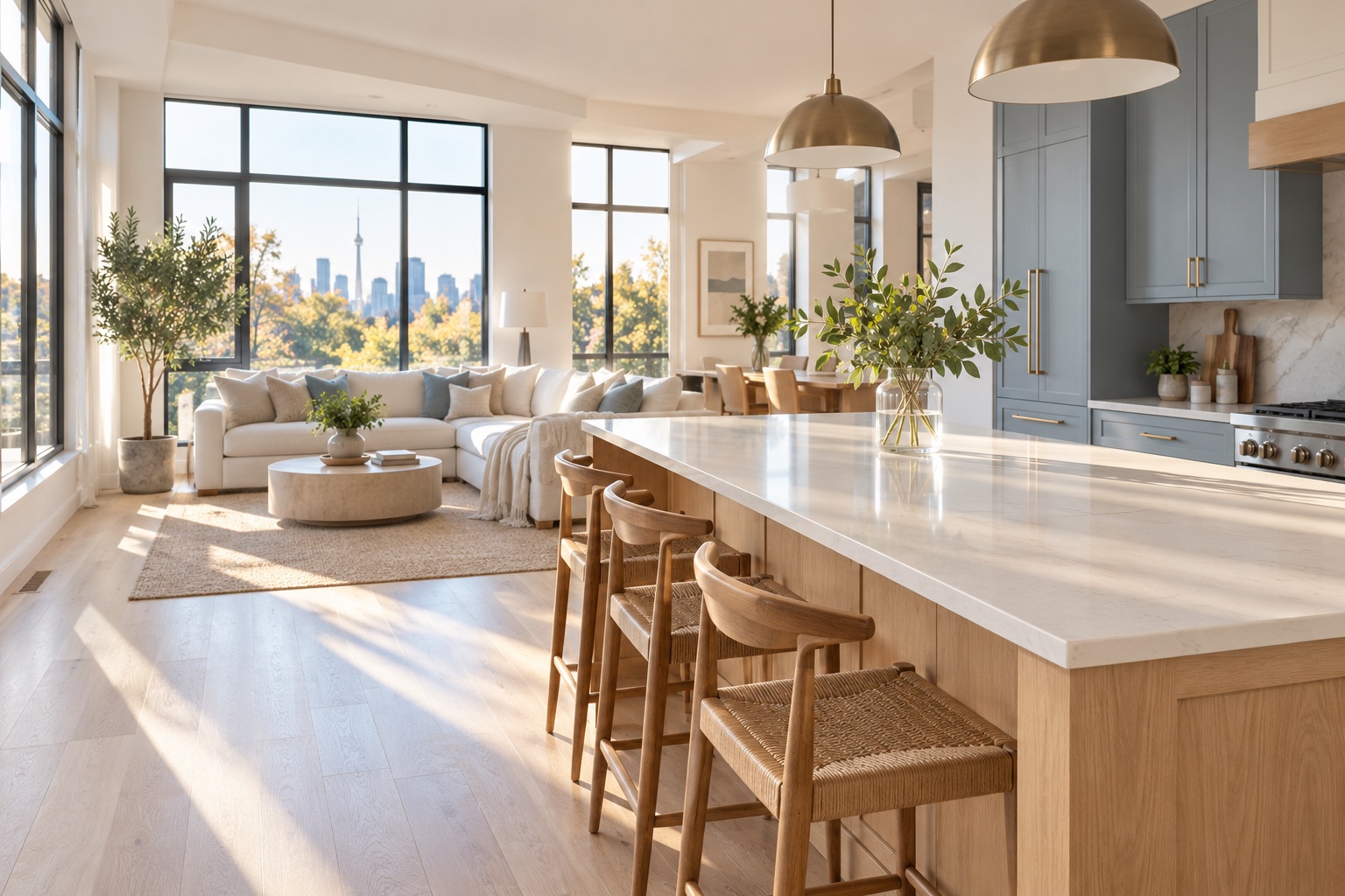 A bright, freshly cleaned kitchen opening into a welcoming living space