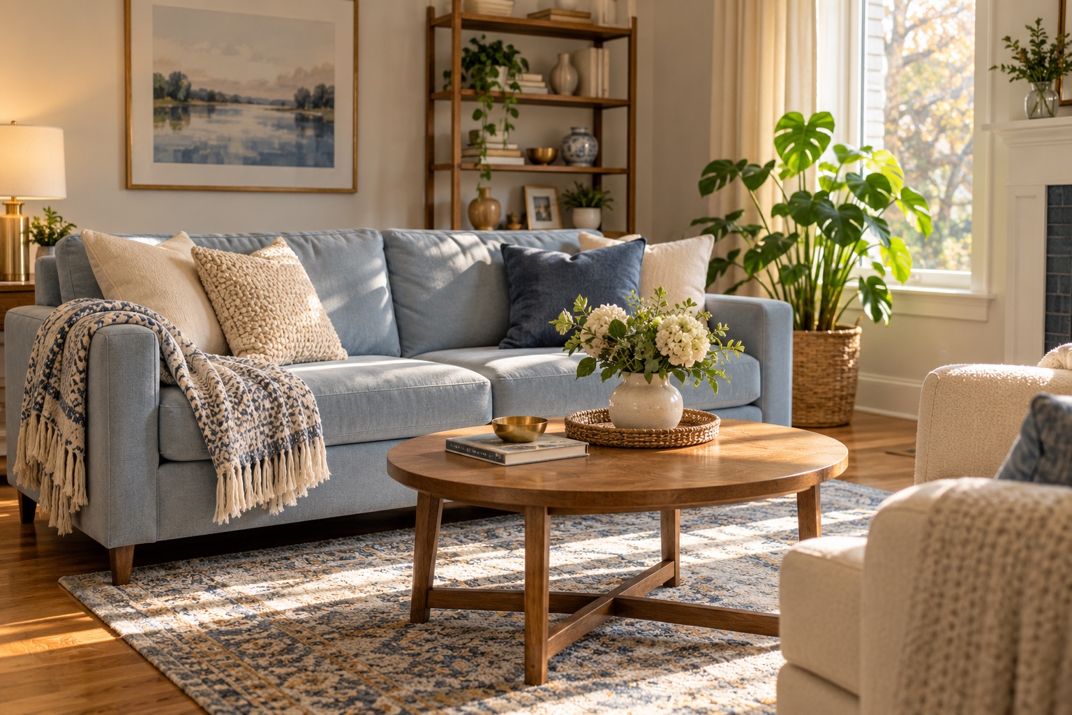 A tidy family living room with a blue sofa, folded blanket and warm wood finishes